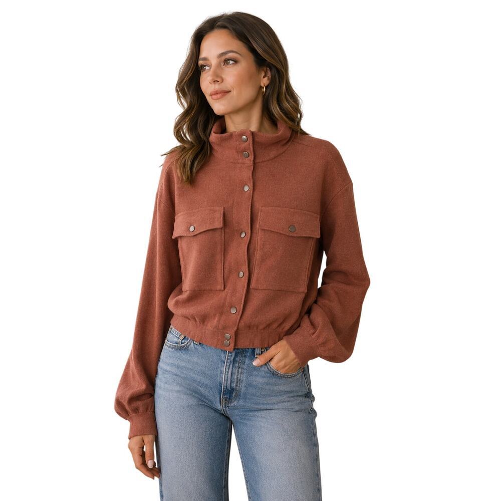 Marled Viscose Blend Rust  Knit Shirt-jack Snaps Pockets Sz S